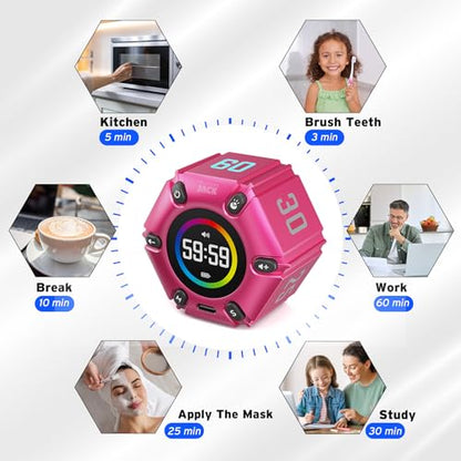 Smart FILP Pomodoro Timer 3/5/10/25/30/60min Preset, Silent & Sound Alarm - color: Hot Pink