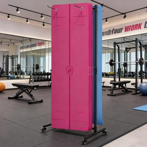 Yoga Mat Holder Hanging, Metal Double Sided Yoga Mats Storage Cart on Wheels, Floor Standing Pilates Mat Rack for Home Gym, Exercise, Yoga Studio, with Punching Tool(Black)