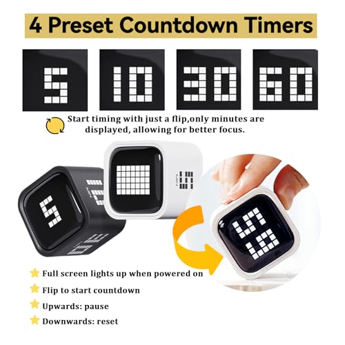 Rotating Digital Cube Timer with Gravity Sensor, 5/10/30/60 Min Preset & Custom up to 99 Min, USB-C Rechargeable Stopwatch, Vibration Volume Mute Alert for Pomodoro Focus Study Kitchen (White) - color: White