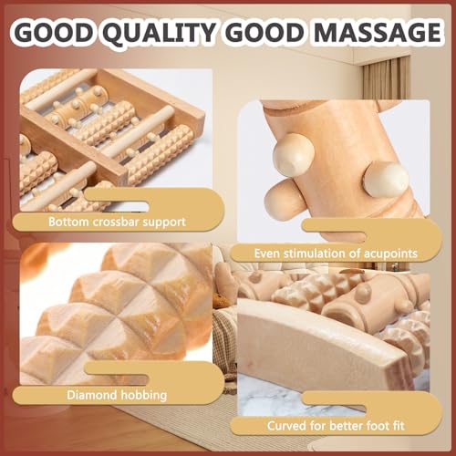 Wooden Foot Massage Roller, Wood Foot Roller for Plantar Fasciitis, Manual Physical Foot Therapy Roller Massage Tools for Feet Pain Relief Muscle Relaxation Men Women Elderly (5 Row Dual Gear)