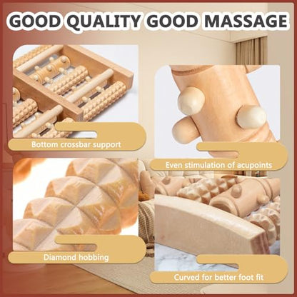 Wooden Foot Massage Roller, Wood Foot Roller for Plantar Fasciitis, Manual Physical Foot Therapy Roller Massage Tools for Feet Pain Relief Muscle Relaxation Men Women Elderly (5 Row Dual Gear)