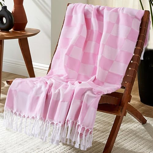 Extra Large Turkish Beach Towel Picnic Camping Mat Throw Blanket Oversized Quick Dry Lightweight Absorbent Hiking Essentials Pool Accessories Gym Gift Yoga Must Haves Travel Gadgets Stuff Pink - color: Checked Pink, size: Extra Large 50'' x 70''