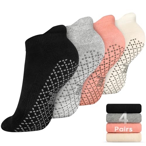 unenow Unisex Non Slip Grip Socks for Yoga Pilates Barre Home & Hospital - color: 4 Pairs-black/Light Grey/Beige/Pink, size: Medium