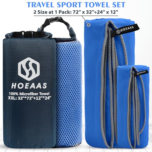 HOEAAS 2 Pack Microfiber Camping Towels, Quick Dry Towel, Super Absorbent Ultra Compact Travel Towel Soft Lightweight Sports Towel for Sweat Fast Drying Towels for Pool,Gym,Hiking,Backpacking,Fitness - color: Dark Blue, size: XXL: 72" x 32"+24" x 12"