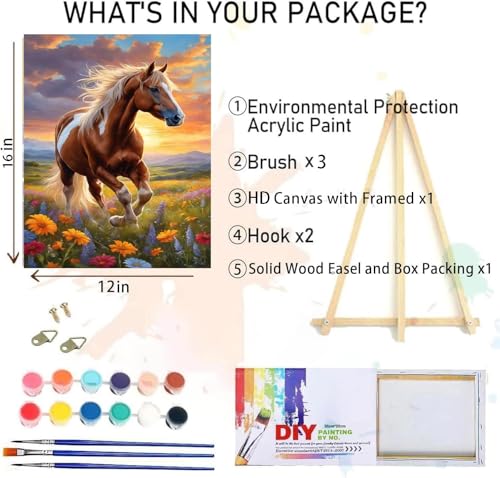 MIRCVSH Horse Paint by Numbers Kit for Adults, Framed Animals Paint by Number Kit on Canvas with Wooden Easel for Home Wall Decor, 12x16 Inch - color: DKH136