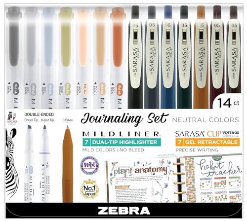 Zebra Pen MILDLINER Highlighter & SARASA Clip Set, Neutral Vintage, 14-Pack | Includes 7 SARASA Clip Vintage Gel Pens and 7 MILDLINER Neutral Highlighters, Ideal for Journaling and Note-Taking (10114) - style: Journaling Set Vintage Neutral