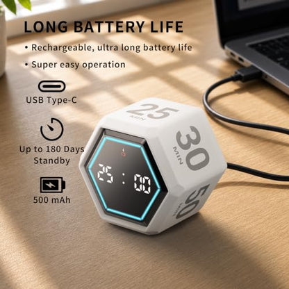 Cube Productivity Timer, 3/5/10/25/30/50 Minute Presets for ADHD - color: Matte White