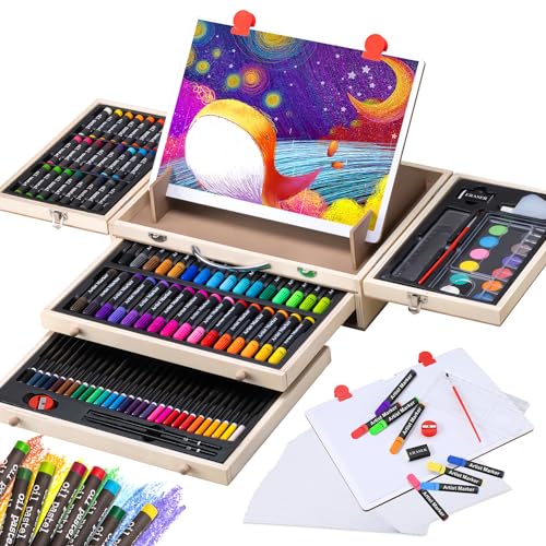 VigorFun Art Supplies, Wooden Art Set Crafts Drawing Kit with Drawing Easel | Deluxe Kids Art Set, Oil Pastels, Colored Pencils, Watercolor Cakes, Creative Gift for Kids, Teens, Beginners Girls Boys