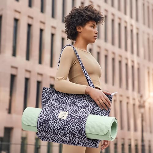 WLLWOO Yoga Mat Carrier Bag for Women Canvas Carryall Tote Gym Pilates | Large Holder Zipper Shoulder for Beach Travel Workout Fitness Office - color: Black Leopard