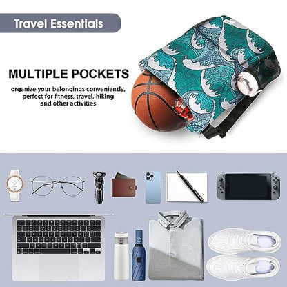 Waterproof Drawstring Backpack Sports Gym Sackpack with Mesh Pockets Water-Resistant String Cinch Beach Bag for Men Women - color: Print - Blue Waves