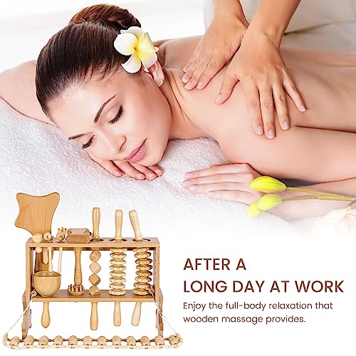 Meifuly 13 in 1 Wood Therapy Massage Tools with Luxury Storage Shelf, Complete Maderotherapia Wooden Massager Kit for Body Shaping, Lymphatic Drainage, Muscle Pain Relief, Anti-Cellulite