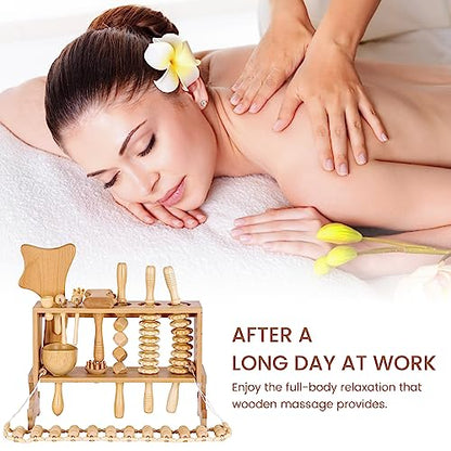Meifuly 13 in 1 Wood Therapy Massage Tools with Luxury Storage Shelf, Complete Maderotherapia Wooden Massager Kit for Body Shaping, Lymphatic Drainage, Muscle Pain Relief, Anti-Cellulite