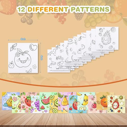 12 Packs Fruit Pre Drawn Canvas to Paint, Pre Printed Canvas for Painting, Pre Stretched Canvas Outline Painting Boards for Beginners, Students, Party Favors(4 * 4in) - color: Fruit