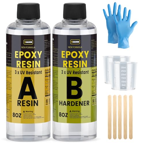 TAKIMO 16OZ 3X UV Resistant Crystal Clear Epoxy Resin Kit, 1:1 High Gloss | Non-Yellowing Formula, Bubble-Free, Self-Leveling, Art, Crafts, Jewelry, Casting, Coating and Tabletop Projects - size: 16 OZ