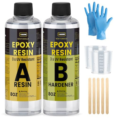 TAKIMO 16OZ 3X UV Resistant Crystal Clear Epoxy Resin Kit, 1:1 High Gloss | Non-Yellowing Formula, Bubble-Free, Self-Leveling, Art, Crafts, Jewelry, Casting, Coating and Tabletop Projects - size: 16 OZ