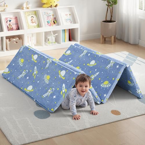 MeMoreCool Kids Floor Mattress, 48x72 Inch Foldable Play Mat, Rocket - color: Denim Rocket