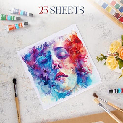 Wanderings Thick Handmade Watercolor Paper with Deckle Edge - 8" x 8" - 300GSM - Premium White Hot Press Smooth Mixed Media Paper Made with Recycled Cotton - 25 Loose Leaf Sheets - color: White, size: 20x20 cm