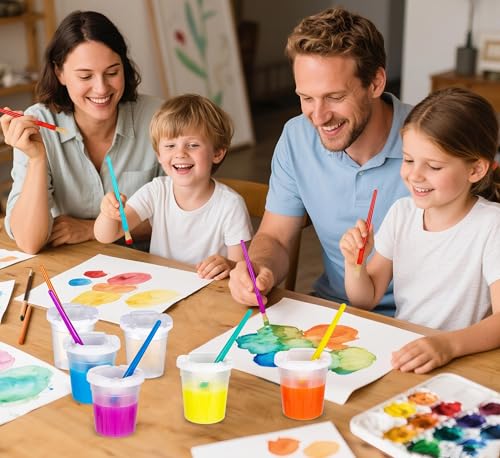 YGAOHF 12 Packs No Spill Paint Cups with Lids for Kids Toddlers, Large Paint Water Cup with 12 Pcs Paint Brushes, Arts and Crafts Supplies