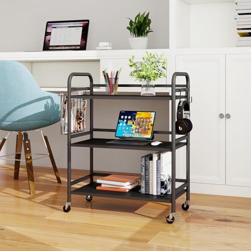 HDANI 3 Tier Metal Rolling Utility Cart,High Capacity Multi Purpose Heavy Duty Cart for Office,Kitchen,Living Room,Bedroom,Black - color: Black, size: Large Solid with Basket