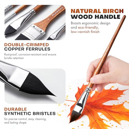 Fuumuui Professional Watercolor Brushes - 10Pcs Synthetic Squirrel Hair Paint Brush Set with Wide Flat, Round, Detail, Dagger, Cat's Tongue for Watercolor Gouache Inks Painting - color: Brown