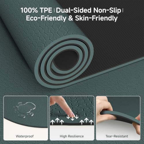 WeiLa Extra Thick Yoga Mat (10mm), Large TPE Workout Mat 74"x28" with Strap - color: Dark Green & Black
