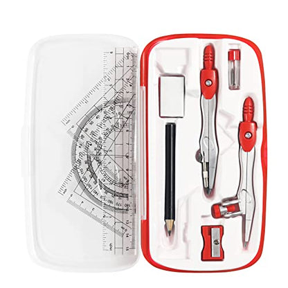 Vobou Math Geometry Sets 10 Pcs, Student Supplies Kit, Compass Set (Red | Shatterproof Storage Box,Includes Rulers,Protractor,Compass,Eraser,Pencil Sharpener,Lead Refills,Pencil, for Drafting - color: Red