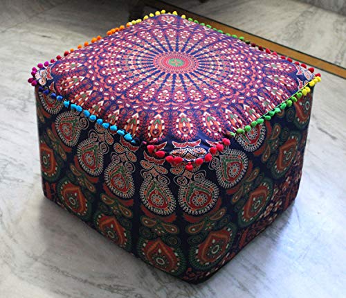 CRAFT KALA Large Hippie Mandala Meditation Floor Ottoman Pillow Cushion Pouf Cover Square Poufs Cover Bohemian Floor Cushion Case Outdoor Fireplace Living Room Decor 18X18X14 inches, Multi Mirchi - color: Multi Mirchi