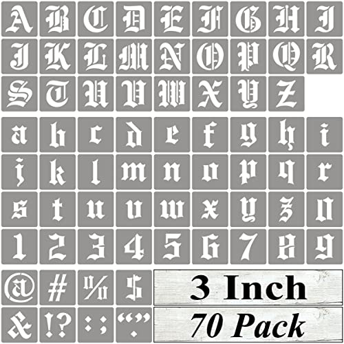 3 Inch Alphabet Letter Stencils for Painting - 70 Pack Old English Letter Stencil Templates with Numbers and Signs for Painting on Wood, Reusable Letters Stencils for Chalkboard Wood Signs & Wall Art - size: 3 Inch