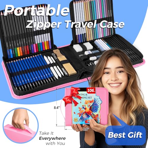 106 Pack Drawing Set Sketching Kit, Pro Art Supplies Sketch Pencils Set | with 3-Color Sketchbook, Coloring Book, Tutorial, Graphite Colored Charcoal Watercolor & Metallic Pencils - color: Pink, size: 106 Pack