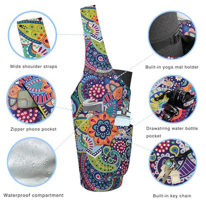 Yoga Mat Bag - Large Opening Long Tote Yoga Mat Carrier Holder Bag with Waterproof Wet Zipper Pocket and Drawstring Water Bottle Pocket - Yoga Bag Fit Most Size Mats - color: Paisley