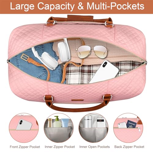 ITIEZY Weekender Bag for Women 21.5" Travel Duffel Large Carry On Bag 3PCS | Nylon Duffel Bag with Waterproof Shoe Compartment, Crossbody Bag and Toiletry Bag, Travel Weekend Hospital Overnight Gym Bag - color: 3-Pink
