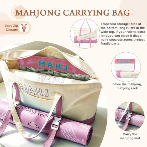 Mahjong Bag Storage Carrying Case for Tiles with Shoulder Strap (Pink) | 3-Bag System, External Mat Strap, Large Capacity, Lightweight Canvas, Reinforced Stitching, Fast Packing. - color: Pink