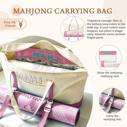 Mahjong Bag Storage Carrying Case for Tiles with Shoulder Strap (Pink) | 3-Bag System, External Mat Strap, Large Capacity, Lightweight Canvas, Reinforced Stitching, Fast Packing. - color: Pink