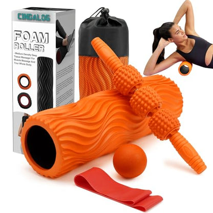 5 in 1 Foam Roller Set - Trigger Point Foam Back Roller, Muscle Roller Stick, Massage Ball, Stretching Band for Deep Muscle Massage Pilates Yoga,Fitness Exercise for Whole Body Release (Orange)