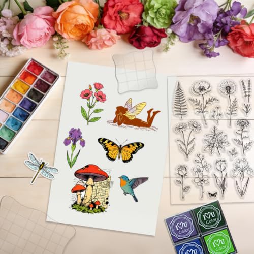 6Pcs Flower Clear Stamps for Card Making, Mushroom Silicone Stamps for Crafting & DIY Scrapbooking, Butterfly Journaling Decor,Flower Fairies,Birthday Words with Blessings - style: 29Pcs Flower Fairy Clear Stamps