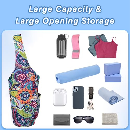 Yoga Mat Bag - Large Opening Long Tote Yoga Mat Carrier Holder Bag with Waterproof Wet Zipper Pocket and Drawstring Water Bottle Pocket - Yoga Bag Fit Most Size Mats - color: Paisley