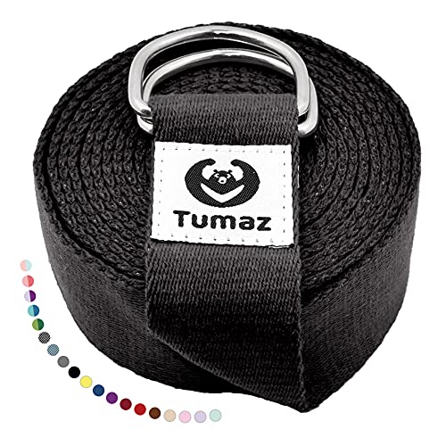 Tumaz Yoga Strap for Stretching with Adjustable D-Ring, 6/8/10 ft | Adjustable D-Ring | Soft Cotton Blend | 15+ Colors | Non-Elastic Yoga Belt for Pilates Stretching & Physical Therapy - color: 11. Just Black, size: 8 Feet (with Storage Band)