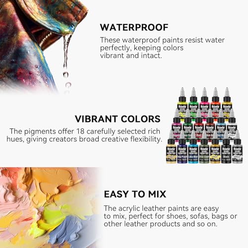 Acrylic Leather Paint, 18 Colors with Deglazer & Finisher | All-in-One Kit, Flexible & Waterproof Leather Dye for Shoes, Bags, Jackets, Sneakers, Couches, Car Seats, Sofa,1 fl oz Each