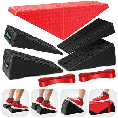Squat Wedge Block Set of 3/5 - 960 LBS Capacity - Slant Board for Calf Stretching with 5 Stackable Angles - Calf Stretcher Slant Board - Workout Equipment - EPP Material for Exercise Equipment & Physical Therapy - color: Red&Black