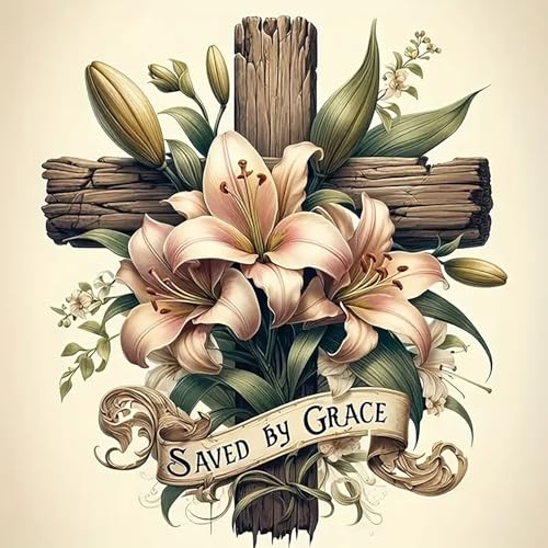 CHWGLFGG 5D Cross Diamond Art Kits for Adults Beginners 13.7X13.7Inch | DIY Full Round Drill Diamond Painting Kit Religious Cross With Lily Flowers, Paint by Diamonds Dot Gem Art, Home Wall Decor - color: JK676-A