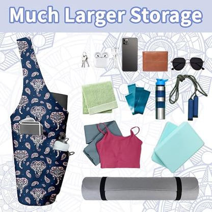 Yoga Bag for Women, Large Yoga Mat Bag Tote Carrier with Wet Dry Pocket | Water Bottle Holder & Adjustable Strap, Fits 1/2" Thick Yoga Mat for Gym, Pilates, Travel, Work - color: Blue Elephant