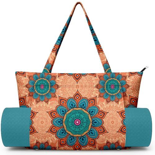 Yoga Bag for Women, Large Canvas Yoga Mat Tote Bag with Yoga Mat Carrier | Large Mat Pocket Fitness Tote for Pilates, Gym, Travel, Office & Beach - color: Orange Mandala