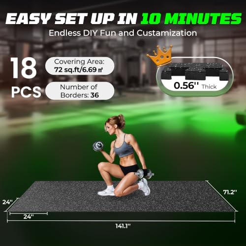 PRAISUN 0.56" Rubber Top Gym Flooring, Heavy Duty Gym Mats for Home Gym | Non-Slip Interlocking Workout Mat, 24 x 24in Large Gym Floor Mat, Protect Floors from Equipment, 72 Sq Ft, Black/Grey - size: 18 Tiles (72 Sq Ft)