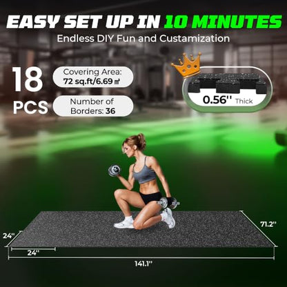 PRAISUN 0.56" Rubber Top Gym Flooring, Heavy Duty Gym Mats for Home Gym | Non-Slip Interlocking Workout Mat, 24 x 24in Large Gym Floor Mat, Protect Floors from Equipment, 72 Sq Ft, Black/Grey - size: 18 Tiles (72 Sq Ft)