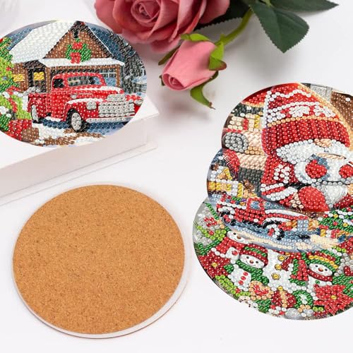 mrpwnle 8 Pcs Diamond Art Coasters Christmas Diamond Painting Coasters | Christmas Diamond Art Coasters Kit for Adults Christmas Diamond Painting Coasters with Holder DIY Diamond Dots for Gift Life - color: Christmas Coasters