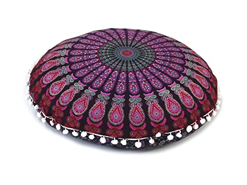 CRAFT KALA Large Hippie Floor Pillow Cover Mandala Meditation Cushion Case Pouf Cover Round Poufs Cover Bohemian Floor Cushion Cover Outdoor Fireplace Yoga Living Room Decor 32" Pink Mirchi - color: Pink Mirchi