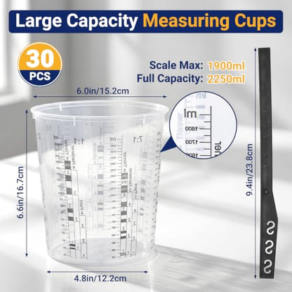 30 Pack 64oz 1900ml Clear Plastic Paint Mixing Cups with 30 Stir Sticks - Disposable Graduated Measuring Cups for Paint, Resin & Epoxy with ML Scale & 3-Column Ratios (1:1-7:1) for DIY Crafts - size: 64oz / 1900ml