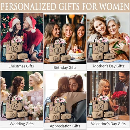 Personalized Birthday Gifts for Women, Monogrammed Initial Jute Tote Bags | Beach Tote Bag & Makeup Bags w/ Zipper, Christmas Women Gifts for Mom Her Friends Sister Coworker Nurse Teacher Appreciation - style: J