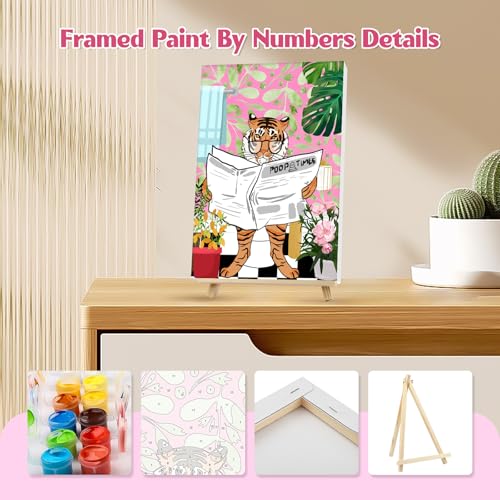 GHHKUD 4Pack Framed Paint by Numbers Animals, for Adults Kids, DIY Animals on The Toilet Read News Painting by Numbers with Frame Wooden Holder,Art on Canvas Gifts Home Wall Decor 20x30cm - color: YH4ZH445