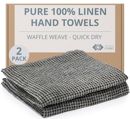 100% Linen Hand Towels 2-Pack - 14x28-inch Thin Waffle Weave, Black-Natural - color: Black Natural, size: Hand Towels